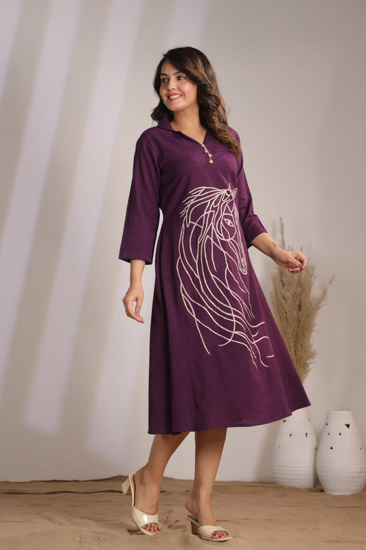 Plum Horse Embroidery Cotton Flex Dress