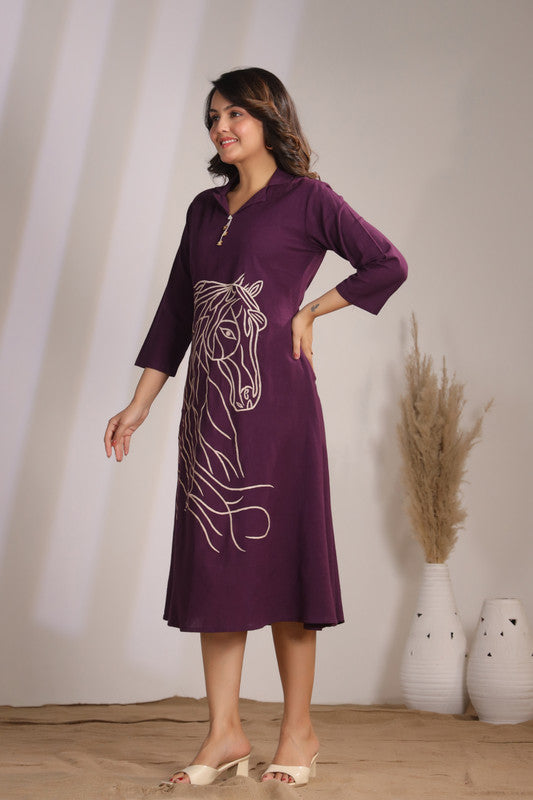 Plum Horse Embroidery Cotton Flex Dress
