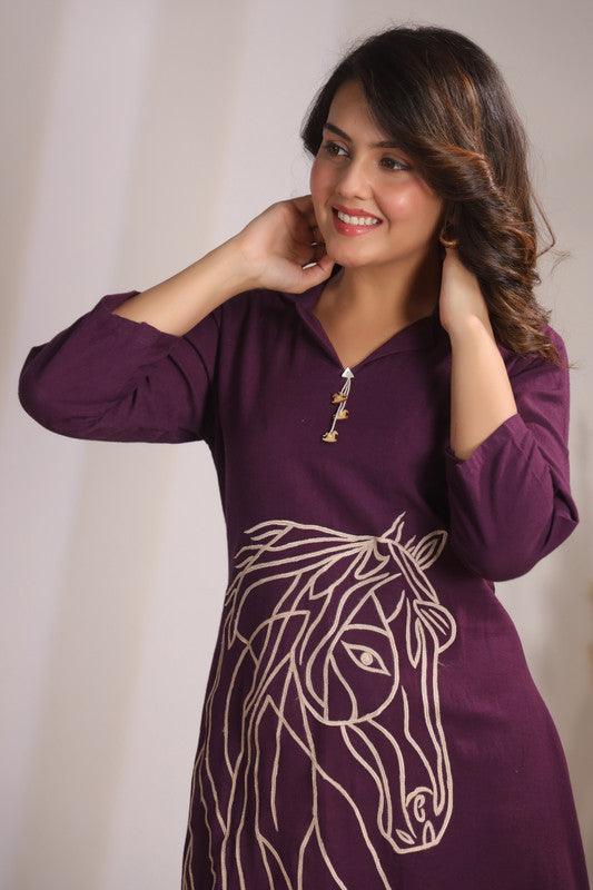 Plum Horse Embroidery Cotton Flex Dress
