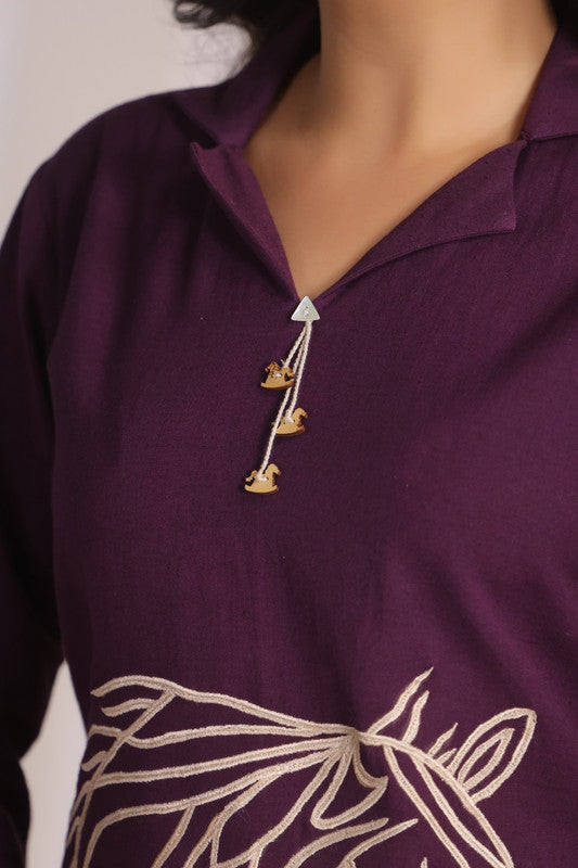Plum Horse Embroidery Cotton Flex Dress