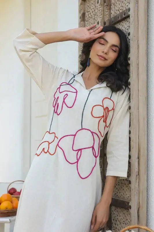 Artisan Bloom Embroidered Cotton Flex Dress