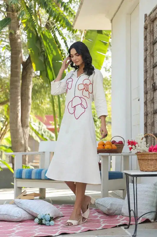 Artisan Bloom Embroidered Cotton Flex Dress