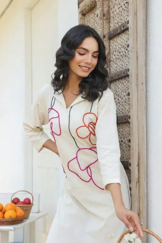 Artisan Bloom Embroidered Cotton Flex Dress