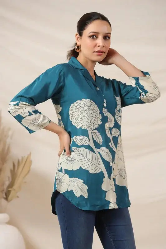 Teal Bloom Botanical Russian Silk Top