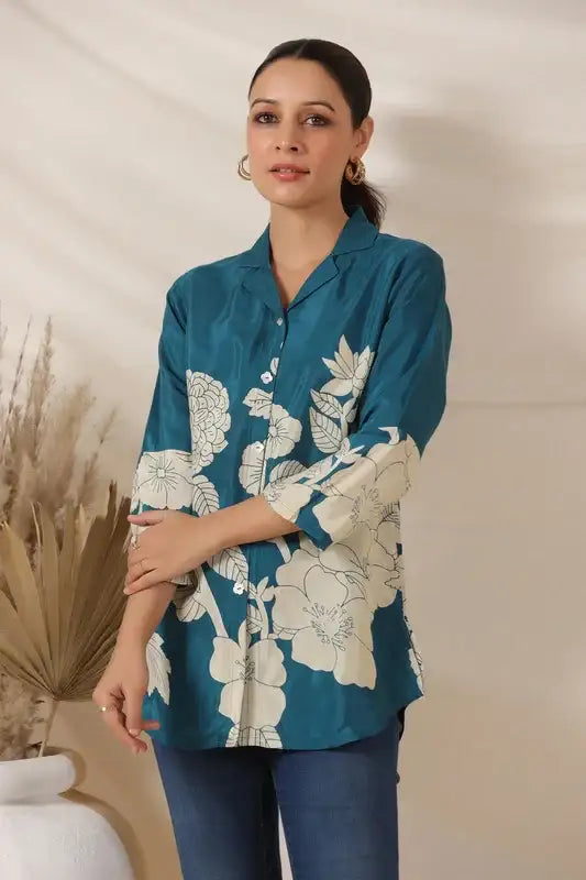 Teal Bloom Botanical Russian Silk Top