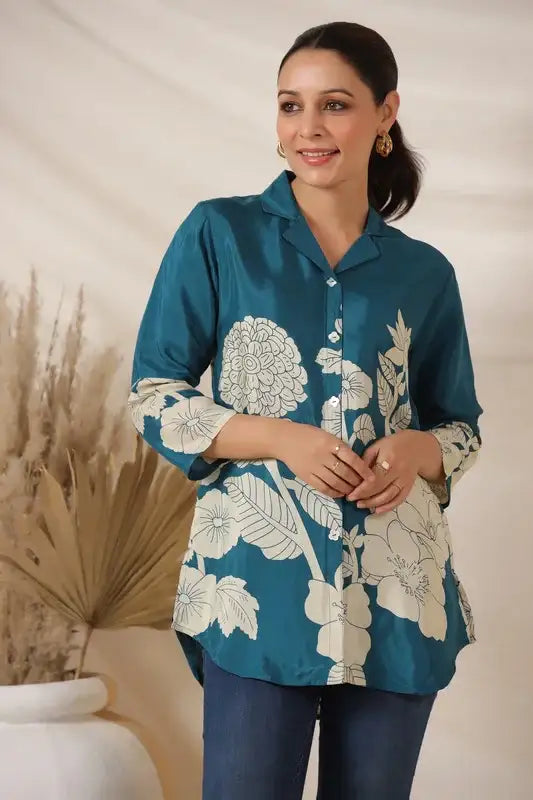 Teal Bloom Botanical Russian Silk Top