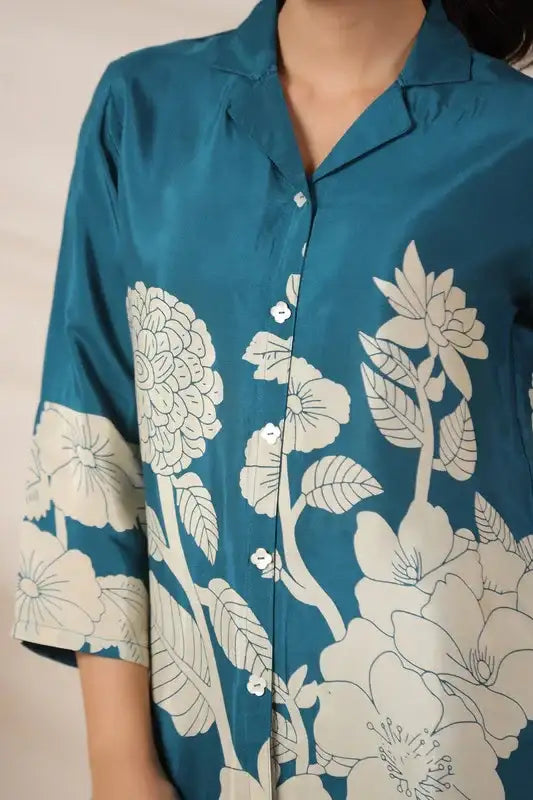 Teal Bloom Botanical Russian Silk Top