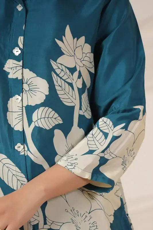 Teal Bloom Botanical Russian Silk Top