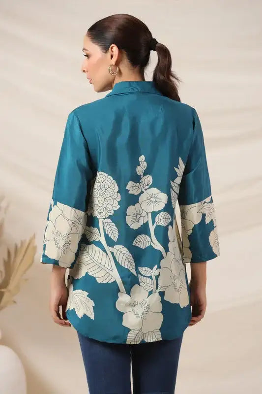 Teal Bloom Botanical Russian Silk Top