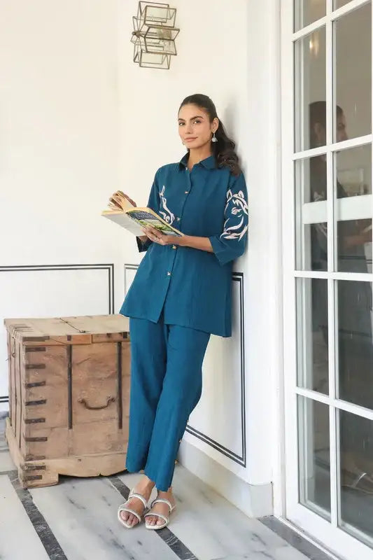 Teal Blue Horse Embroidered Cotton Flex Co-ord Set