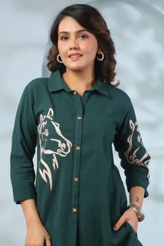 Emerald Horse Embroidery Cotton Flex Co-ord Set