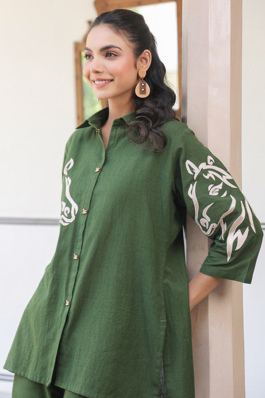 Olive Horse Embroidered Cotton Co-ord Set