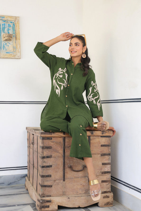 Olive Horse Embroidered Cotton Co-ord Set
