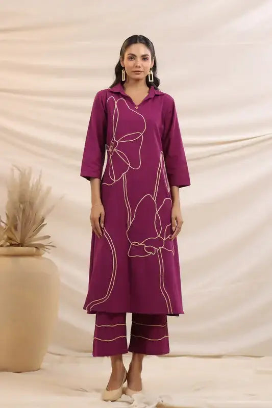 Purple Bloom Embroidered Cotton Co-ord Set