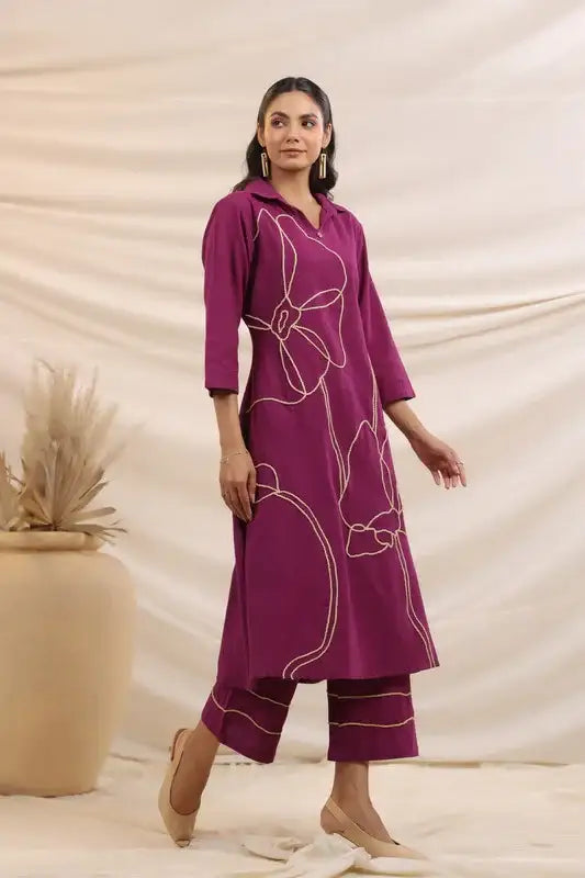Purple Bloom Embroidered Cotton Co-ord Set