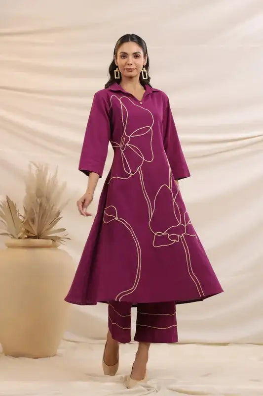 Purple Bloom Embroidered Cotton Co-ord Set