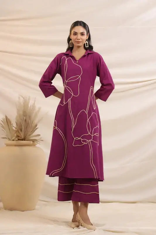 Purple Bloom Embroidered Cotton Co-ord Set