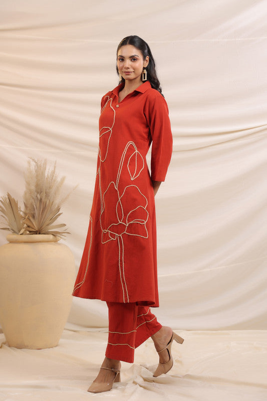 Rust Bloom Embroidered Cotton Co-ord Set
