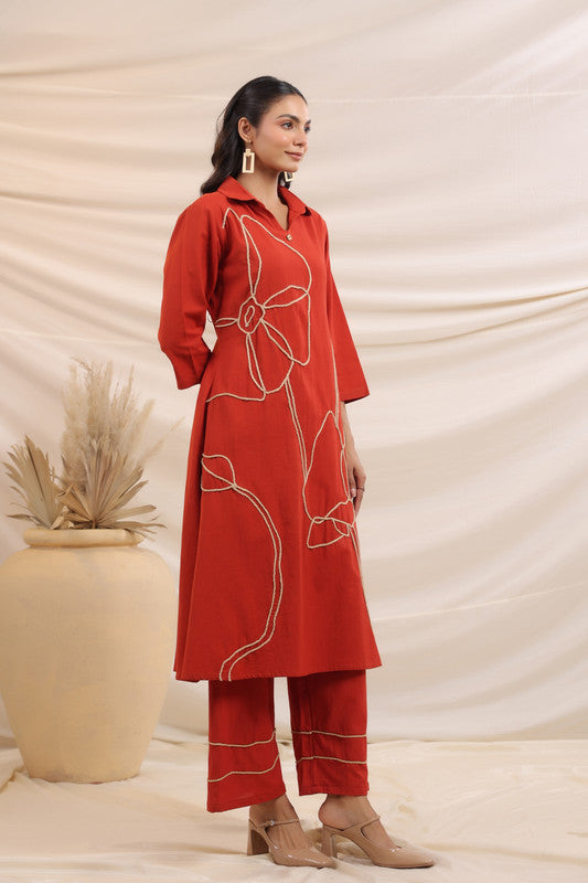 Rust Bloom Embroidered Cotton Co-ord Set