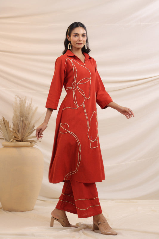 Rust Bloom Embroidered Cotton Co-ord Set