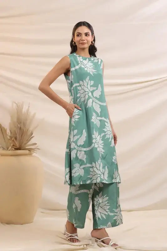 Mint Green Bloom Sleeveless Russian Silk Co-ord Set