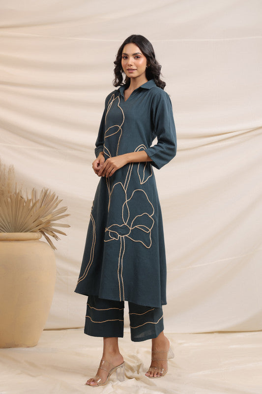 Grey Bloom Cotton Flex Teal Co-Ord Set