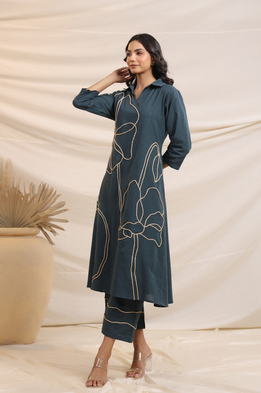 Grey Bloom Cotton Flex Teal Co-Ord Set