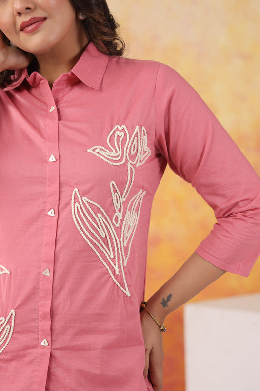 Serene Stitch Embroidered Pink Cotton Co-ord Set