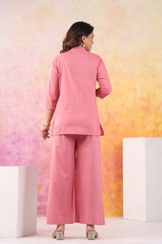 Serene Stitch Embroidered Pink Cotton Co-ord Set