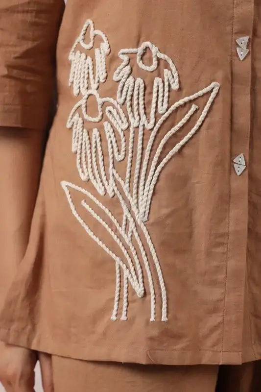 Classic Beige Floral Embroidery Cotton Co-ord Set