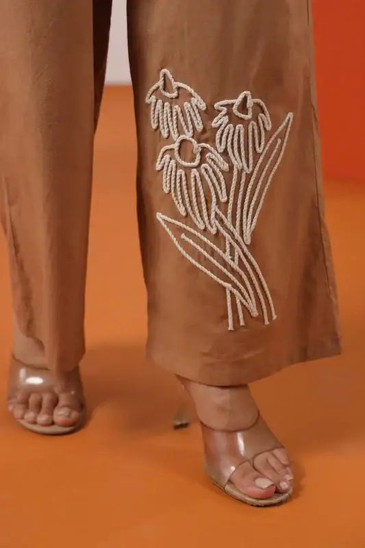 Classic Beige Floral Embroidery Cotton Co-ord Set