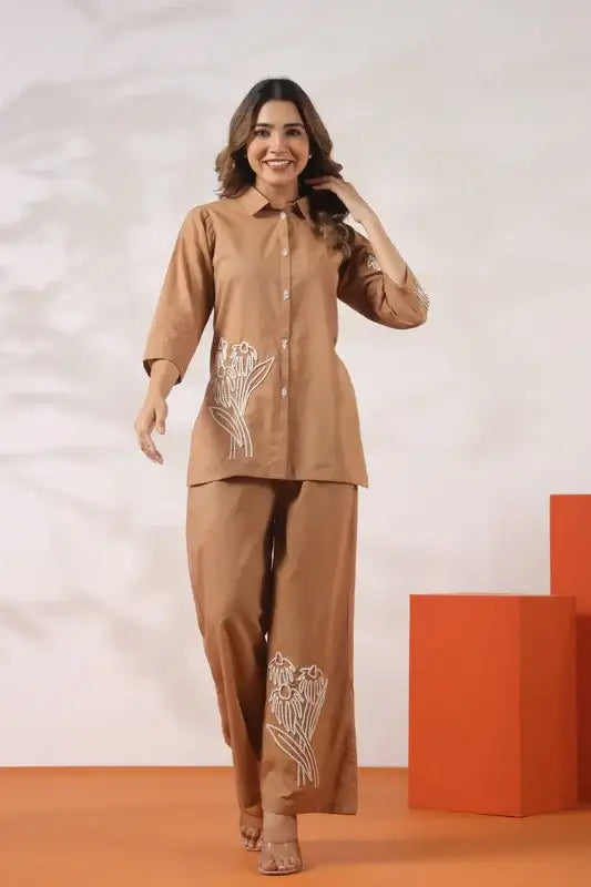 Classic Beige Floral Embroidery Cotton Co-ord Set