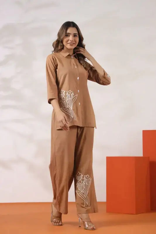 Classic Beige Floral Embroidery Cotton Co-ord Set