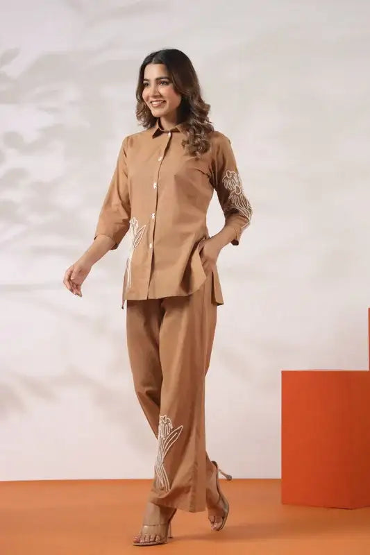 Classic Beige Floral Embroidery Cotton Co-ord Set