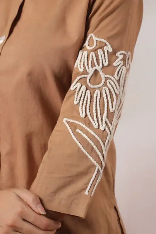 Classic Beige Floral Embroidery Cotton Co-ord Set