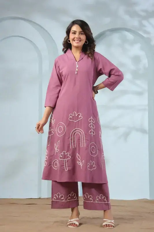 Mauve Long Abstract Embroidery Cotton Co-ord Set