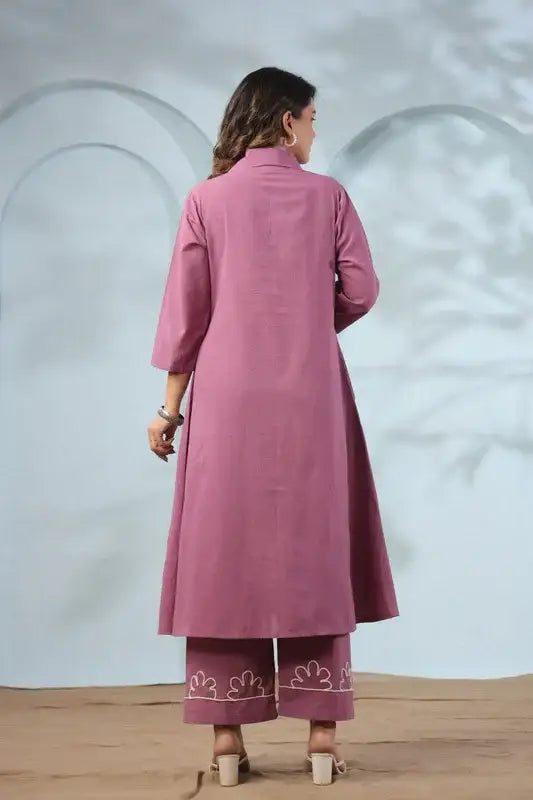 Mauve Long Abstract Embroidery Cotton Co-ord Set