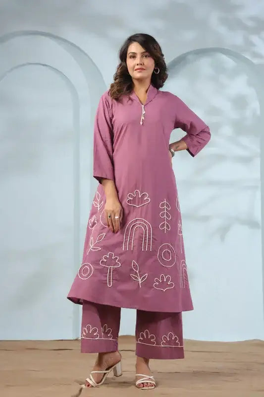 Mauve Long Abstract Embroidery Cotton Co-ord Set