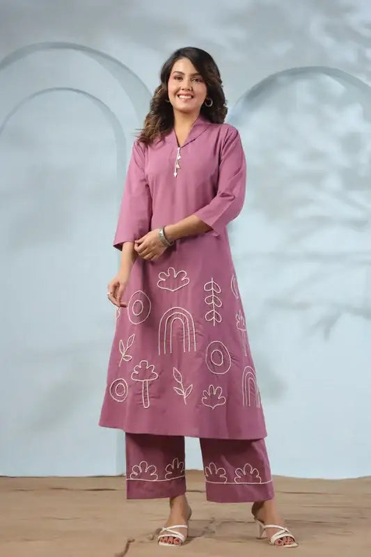 Mauve Long Abstract Embroidery Cotton Co-ord Set