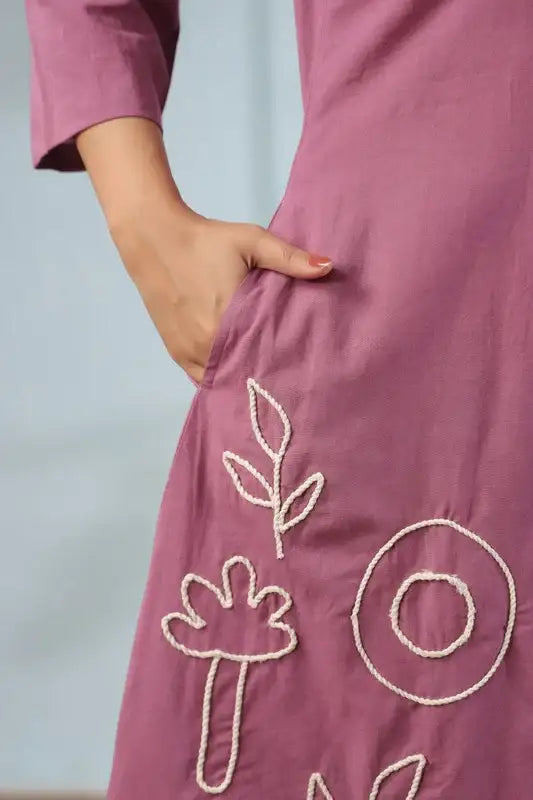 Mauve Long Abstract Embroidery Cotton Co-ord Set