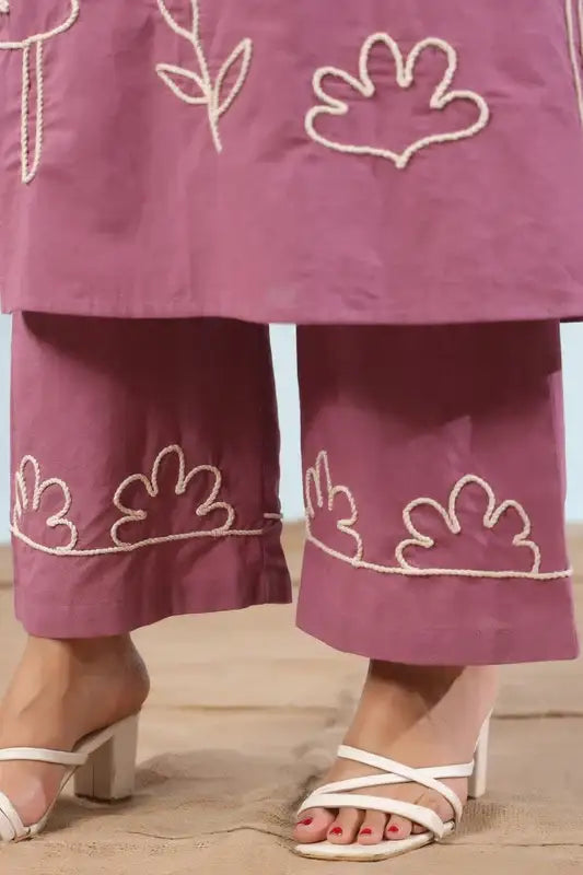 Mauve Long Abstract Embroidery Cotton Co-ord Set
