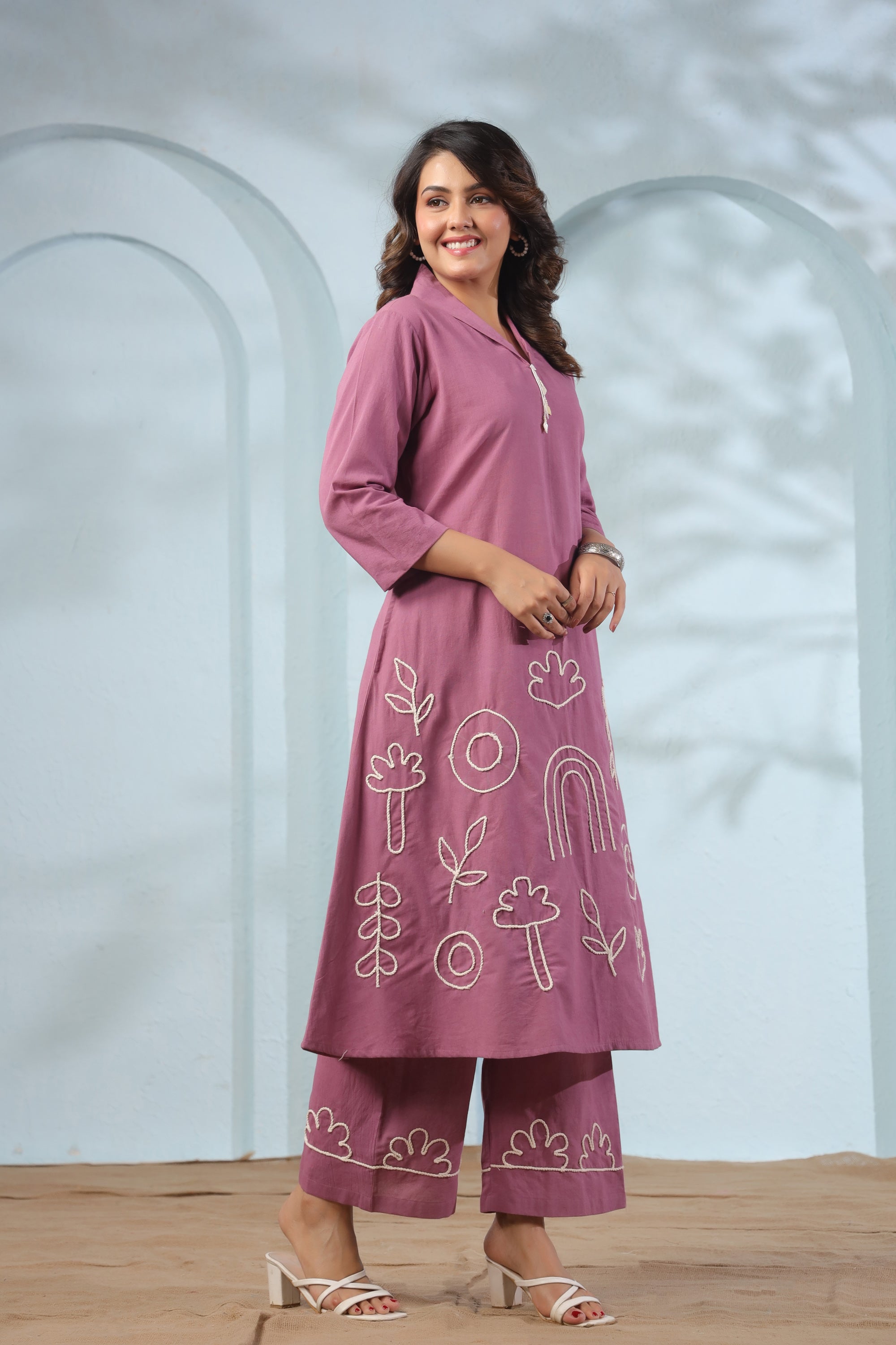 Mauve Long Abstract Embroidery Cotton Co-ord Set