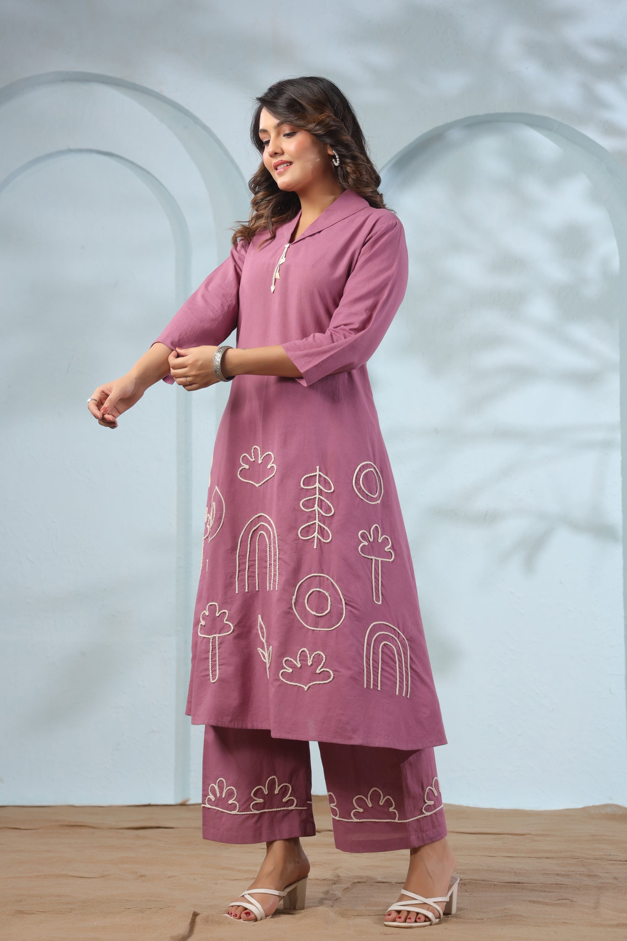 Mauve Long Abstract Embroidery Cotton Co-ord Set