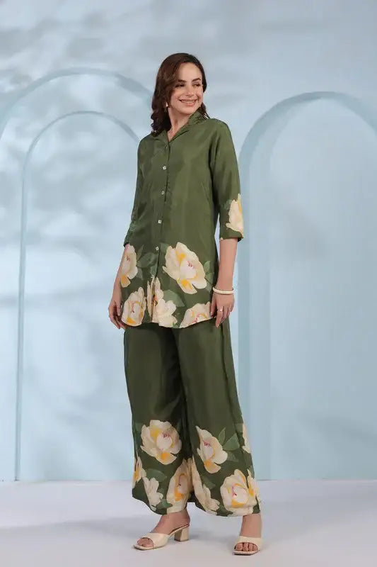 Blooming Grace in Olive Green Russian Silk Co-ord Set
