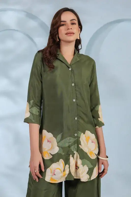 Blooming Grace in Olive Green Russian Silk Co-ord Set