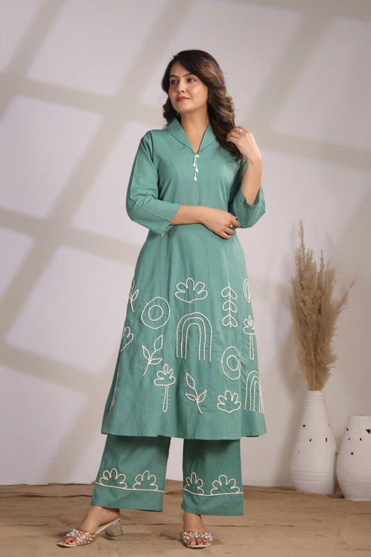 Abstract Embroidery Green Cotton Co-ord Set