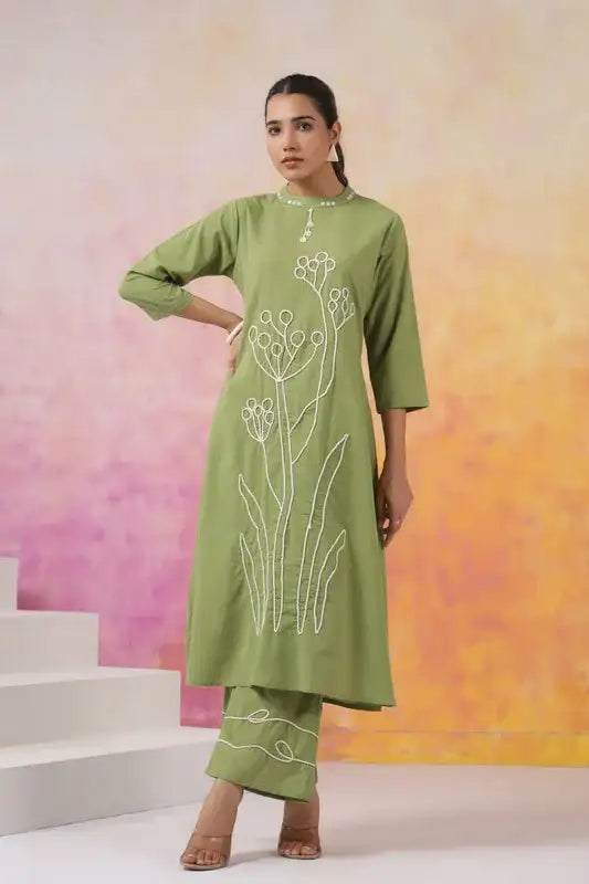 Artisanal Green Outfit with White Outline Embroidery Co-ord Set