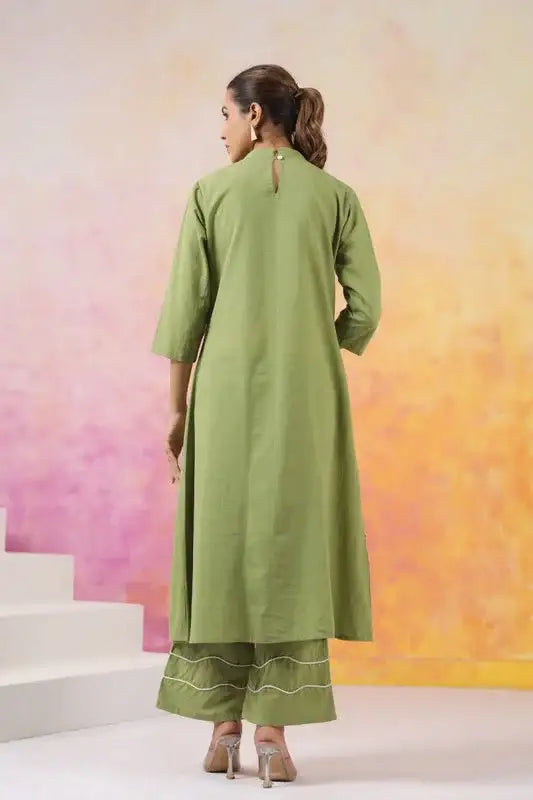 Artisanal Green Outfit with White Outline Embroidery Co-ord Set