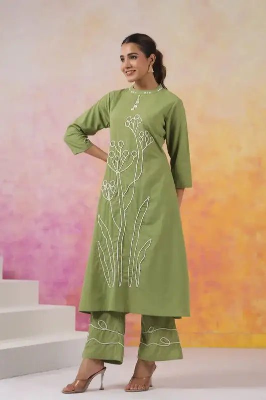 Artisanal Green Outfit with White Outline Embroidery Co-ord Set