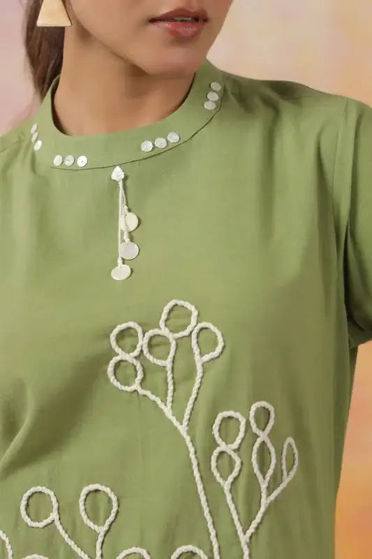 Artisanal Green Outfit with White Outline Embroidery Co-ord Set